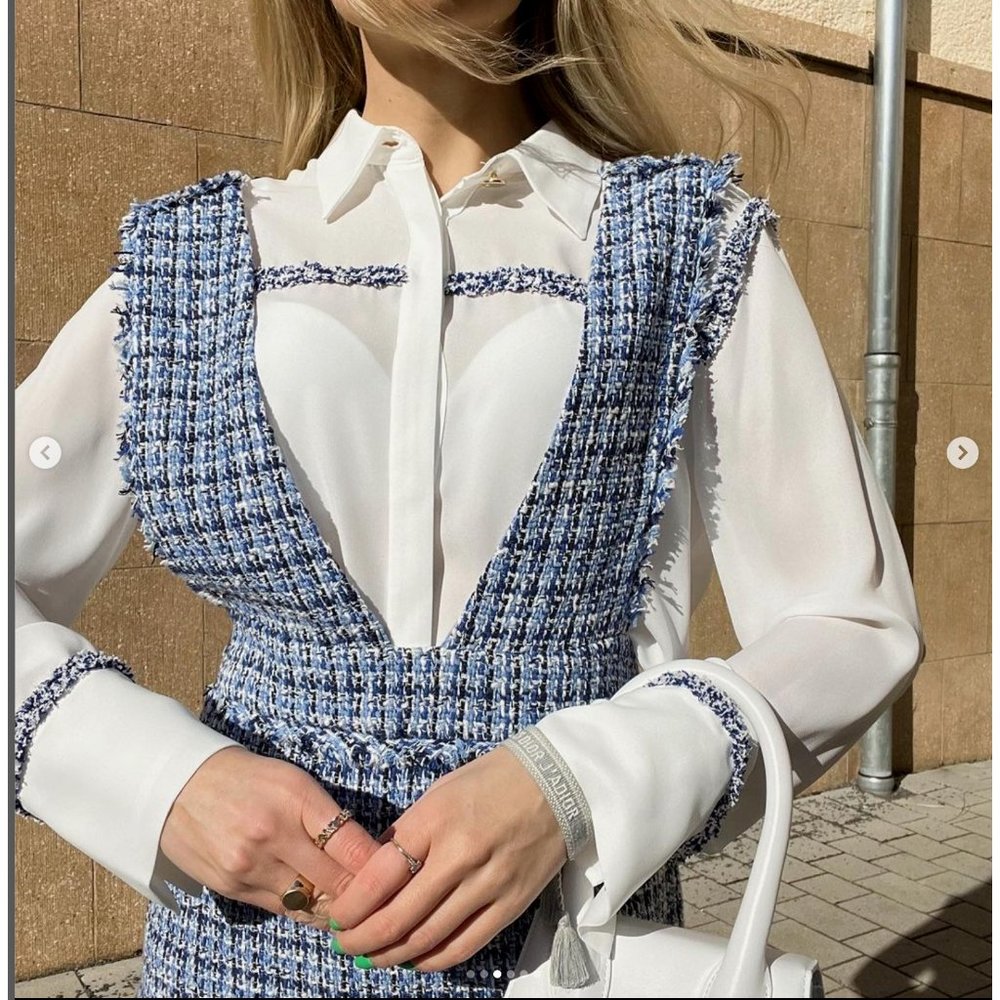 SOLD ZARA NEW WOMAN SS22 TEXTURED TWEED PINAFORE SKIRT Dress Medium BLUE - Picture 3 of 11